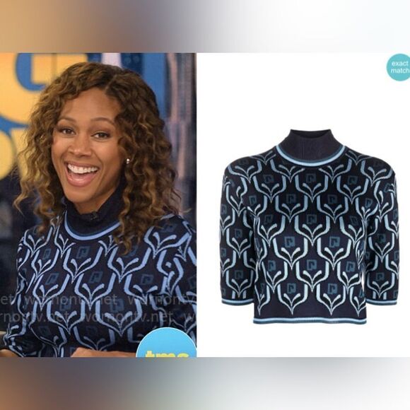 New PACO RABANNE Cropped Turtleneck Knit Top in Blue Jacquard Logo Large - Picture 1 of 16
